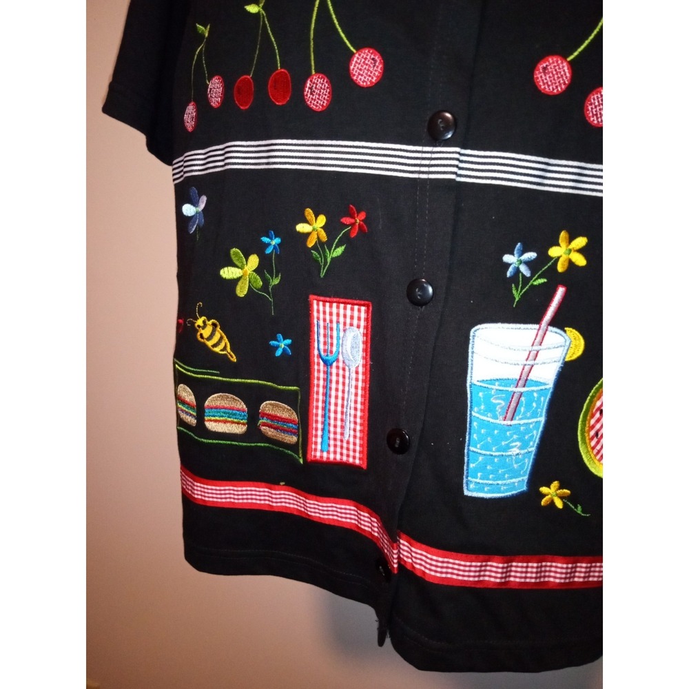 Onque Casuals Picnic Theme Embroidered Button Front shirt black Medium - Picture 6 of 10